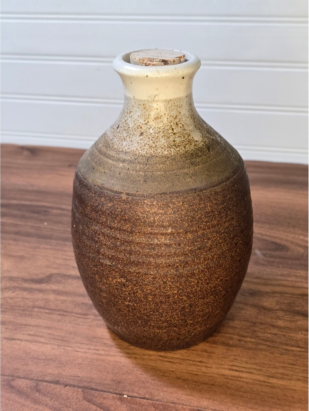 Studio Pottery Stoneware Bottle Vase with Cork Brown Cream Speckled Glaze